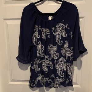 Navy Paisley Peasant Blouse with Short Sleeves